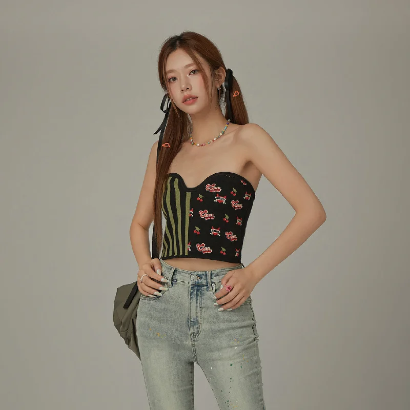 Striped Cherries Two Toned Color Knit Tube Top