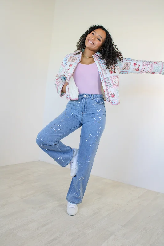 Mid Rise Star Detailed Denim Pants