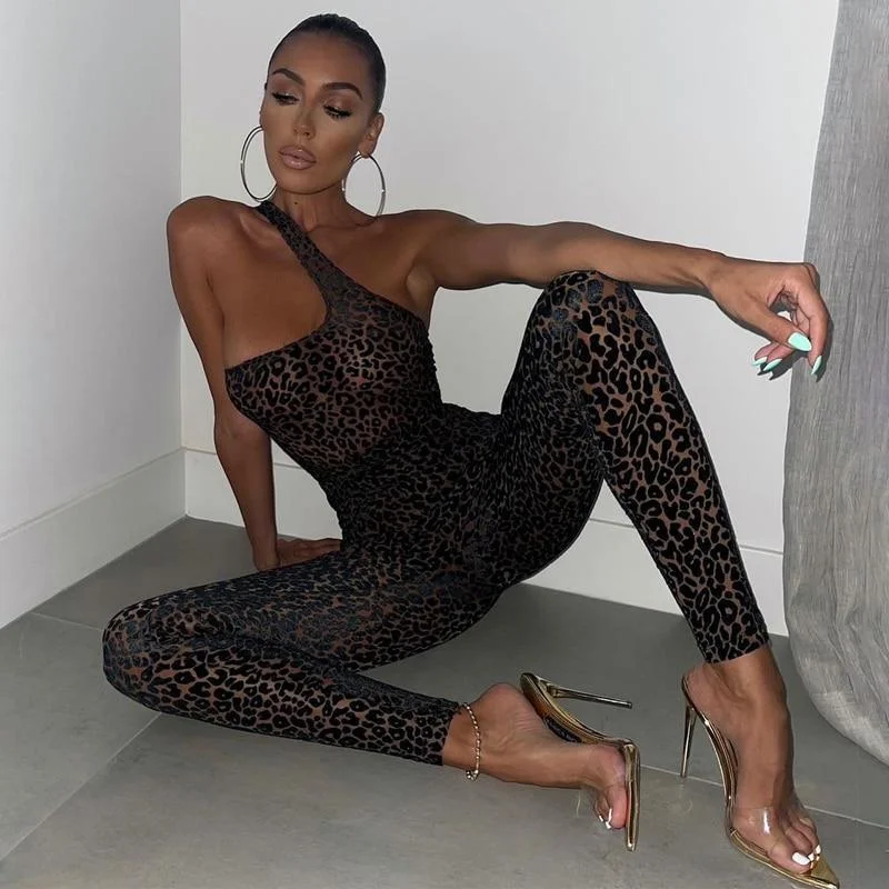 One Shoulder Leopard Jumpsuits