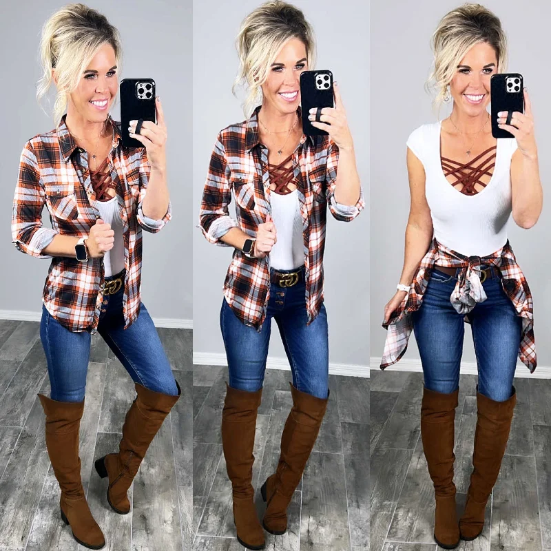 Penny Plaid Flannel Top - Ivory/Rust